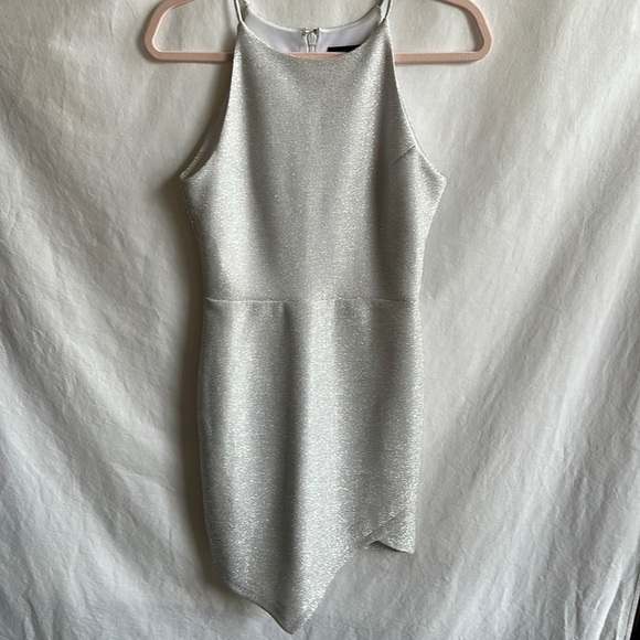 Topshop Dresses & Skirts - Topshop silver metallic halter dress with asymmetrical hem, size 6